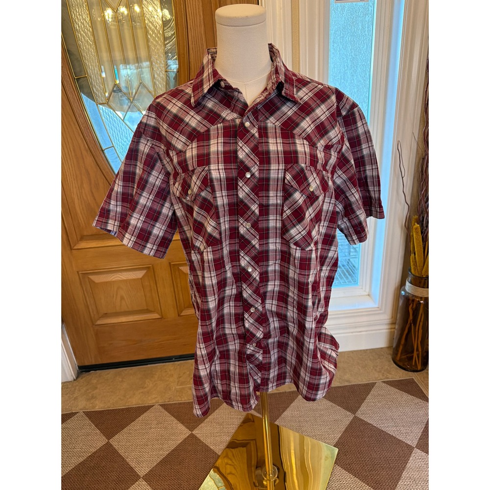 Wrangler Western Shirt Mens Large Red White Plaid Pearl Snap Short Sleeve Yoke